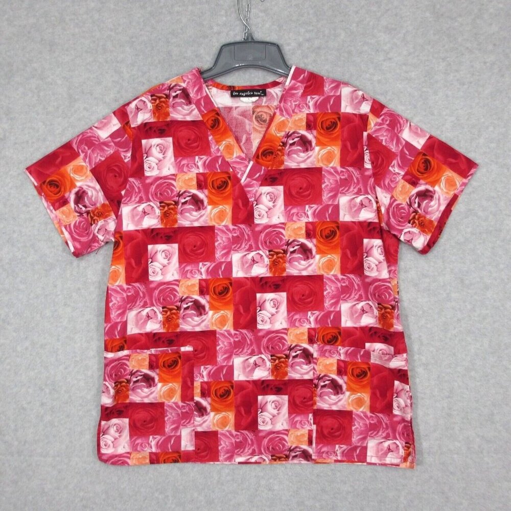 Los Angeles Rose Women's Scrub Top Red Rose Flower Short Sleeve Large
